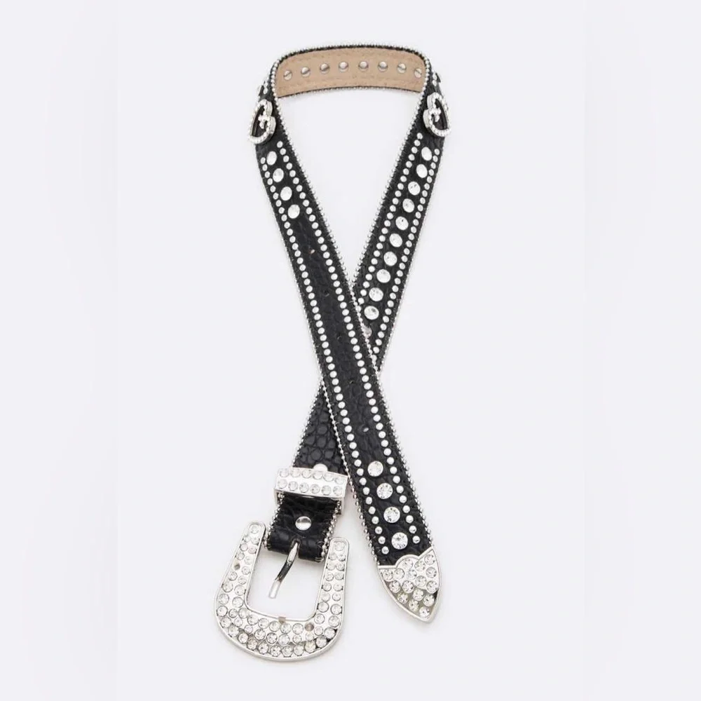 Black & Silver Genuine Leather Crystal Fashion Belt